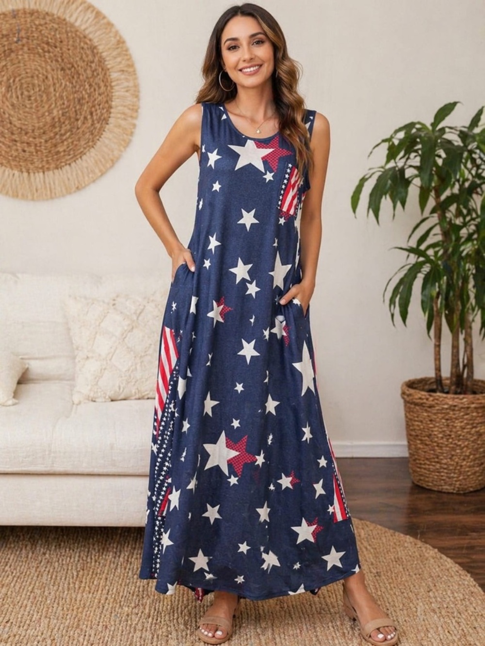 Patriotic Sleeveless Navy Star-Print Maxi Dress with Pockets